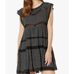 Free People Retro Kitty Crochet Trim Black White Floral Boho Dress Size L